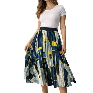 Abstract Pleated Midi Skirt Blue Yellow Elastic Waist Chic XS/S